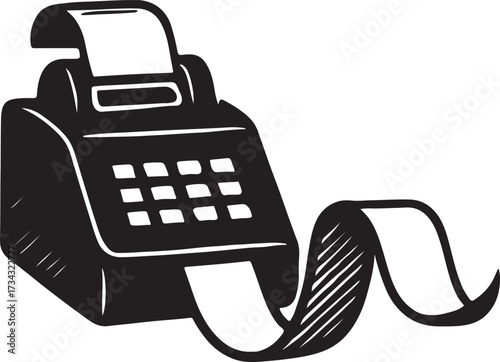 Vintage cash register with long paper receipt tape extending out representing business transactions and accounting in a retro style