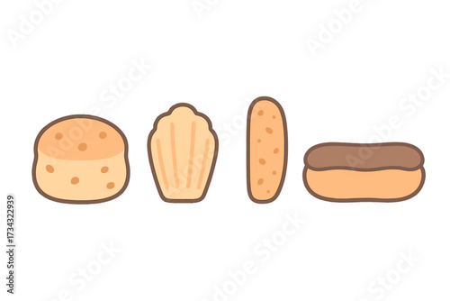 Collection of various sweet baked goods and pastries including a bun, madeleine, biscuit, and chocolate eclair