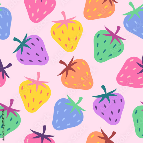 Colourful, colorful strawberry seamless pattern. Cute simple hand drawn illustration