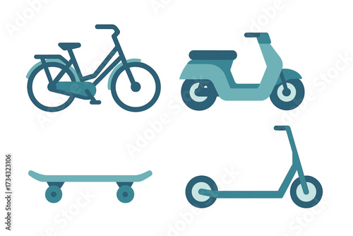 Collection of diverse personal urban transportation vehicles: bicycle, motor scooter, skateboard, and kick scooter