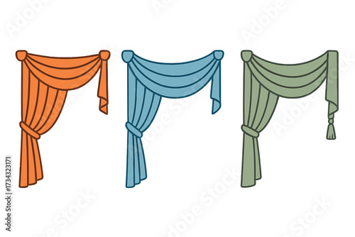 Collection of colorful decorative window valances and drapes for interior design elements and home decor