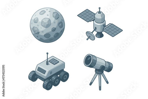 Space exploration objects set including moon, satellite, rover, and telescope for astronomy research