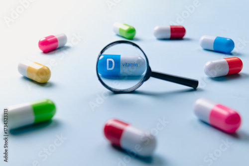Pills,vitamin capsules through magnifying glass on white background. Vitamin D, food supplement, capsule.