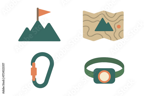 Outdoor adventure and camping equipment icons including mountain peak, topographic map, climbing carabiner, and headlamp