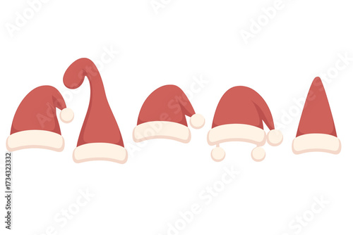 Festive Santa Claus hats with white trim and pom-poms, perfect for Christmas and holiday celebrations
