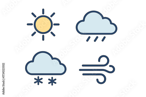 Weather conditions with bright sun, falling rain, gentle snow, and strong wind for forecast applications
