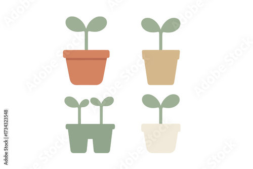 Minimalist graphic design of small green plant seedlings in various colored pots on a clean white background
