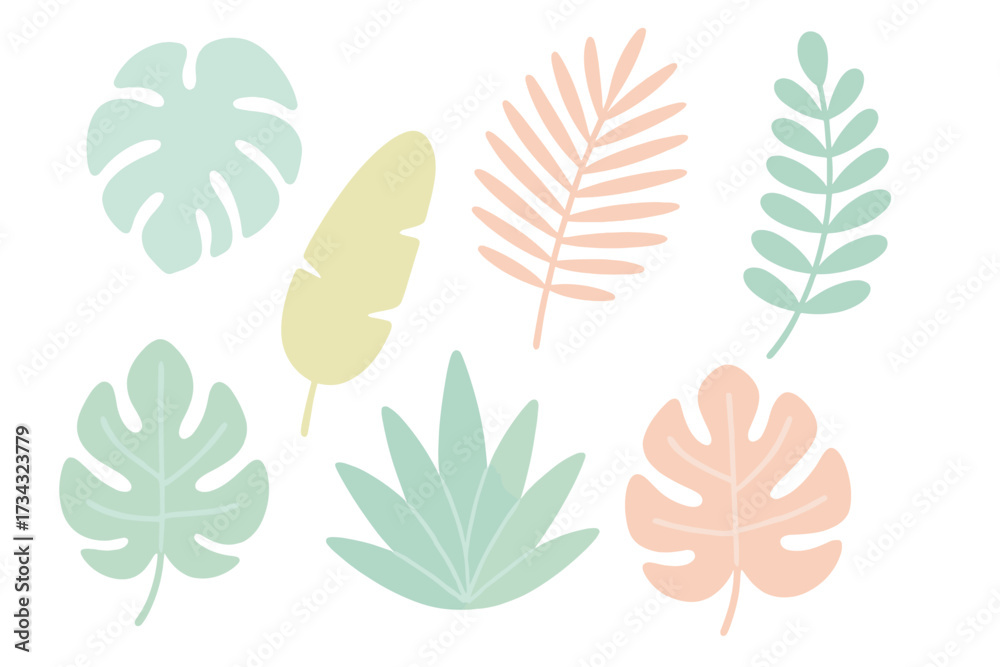 Fototapeta premium Vibrant collection of stylized pastel tropical leaves and exotic foliage elements for summer design and decoration