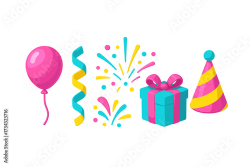 Vibrant collection of festive celebration elements including a balloon, streamers, gift box, party hat, and confetti bursts