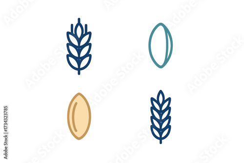 Modern line art symbols depicting staple food crops like wheat and other grains for organic product branding and healthy eating themes