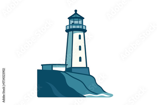 Iconic coastal lighthouse standing tall on a rugged cliff overlooking the vast ocean with gentle waves and clear skies