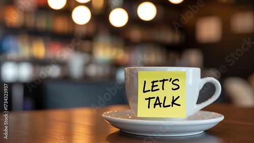 A white ceramic coffee cup with a bright yellow sticky note that says let s talk placed on a saucer on a wooden counter in a cafe