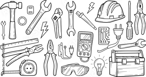 Electrician tools doodle set: outlines of equipment and symbols in black and white
