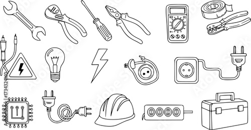 Electrician tools doodle set: outlines of equipment and symbols in black and white