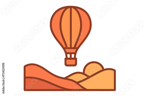 Hot air balloon soaring above a vast desert landscape with rolling hills and a vibrant rising sun in the sky