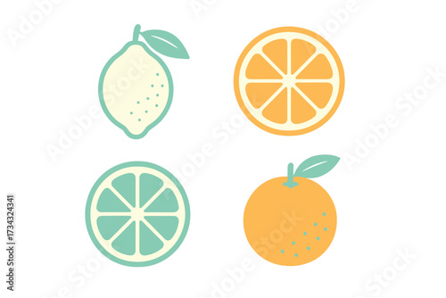 Stylized citrus fruit collection with whole and sliced lemons, oranges, and limes in a vibrant palette