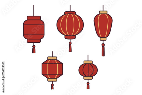 Elegant traditional red and gold Chinese lanterns set for festive celebration and cultural decoration elements