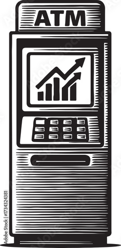 Black and white sketch of an atm machine displaying a rising bar graph and arrow indicating financial growth and success