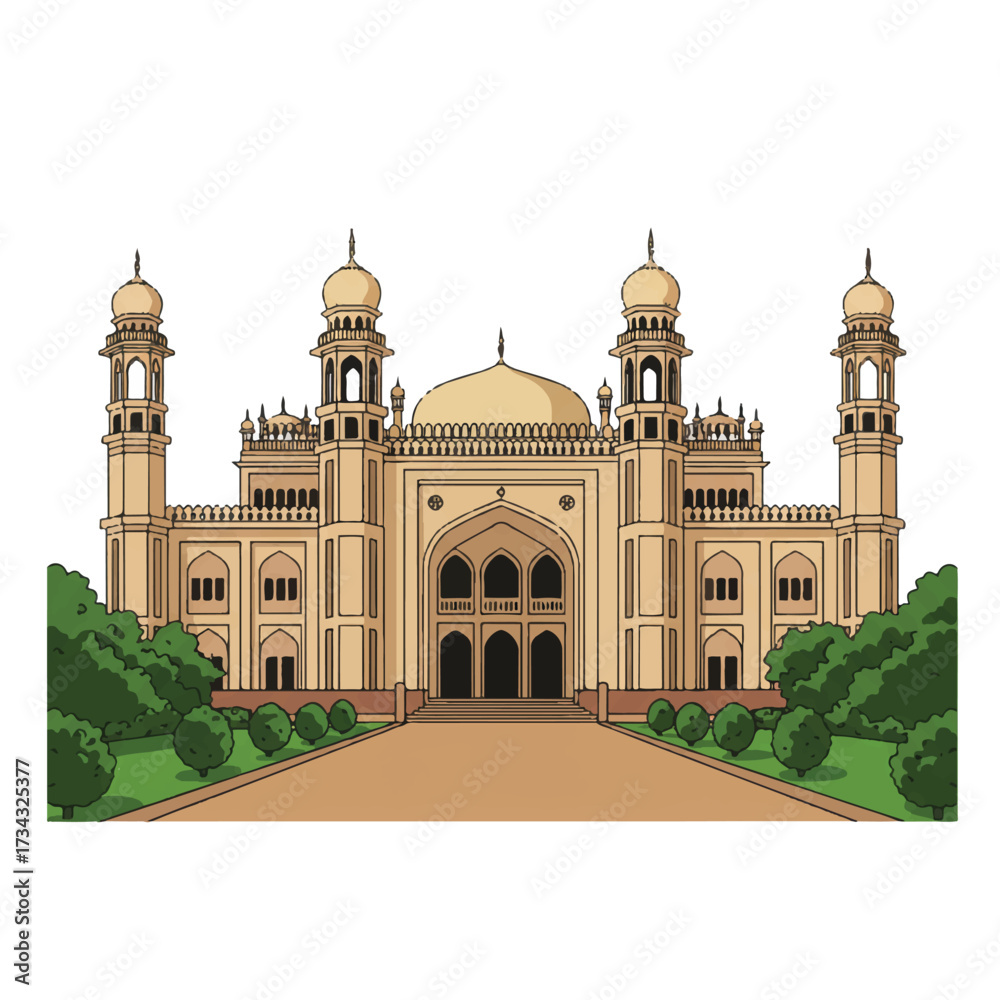 Fototapeta premium Flat 2D vector illustration depicting the iconic Salar Jung Museum in Hyderabad, India, showcasing its intricate architecture against a clean white background.