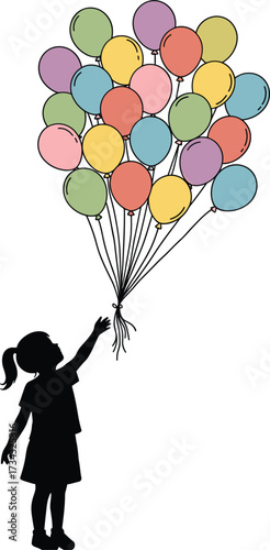 Silhouette of a girl reaching for a bunch of colorful balloons, girl, child, silhouette, balloons, bunch, reaching, holding, up, sky, celebration, party, joy, happiness, freedom, childhood, playful