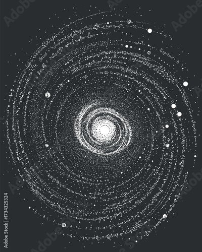 A detailed illustration of a spiral galaxy showcasing mathematical equations and cosmic elements..