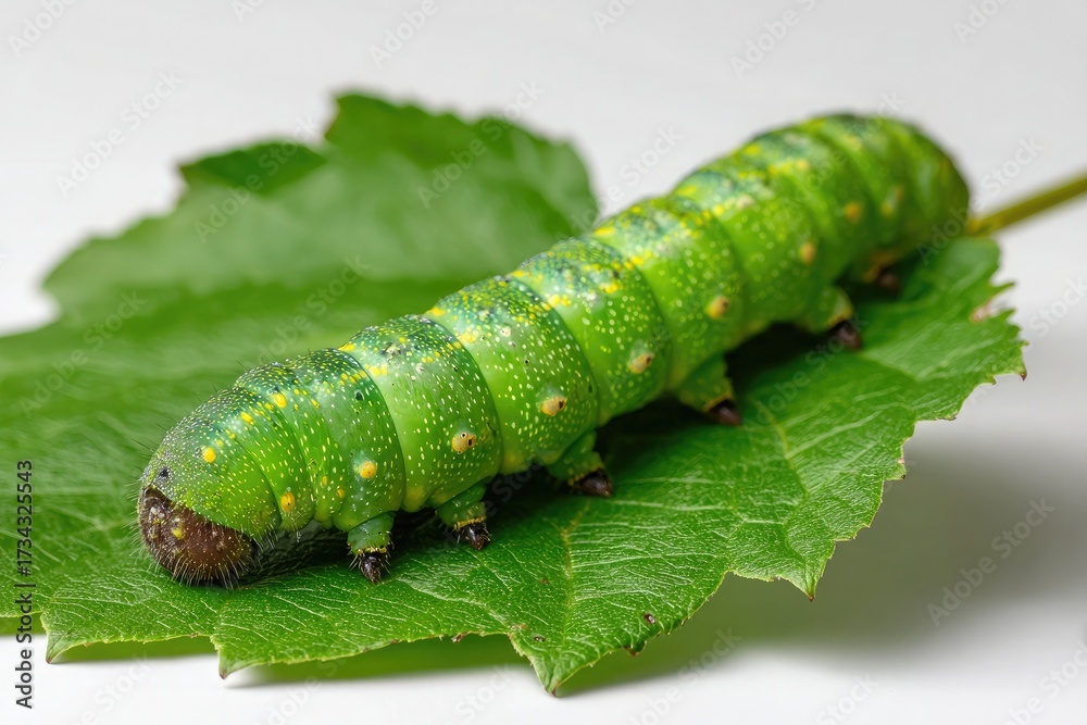 Naklejka premium Bright green caterpillar with yellow spots on a leaf