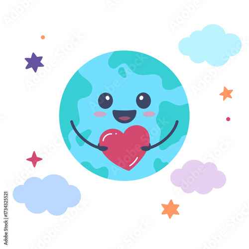 Planet earth cartoon character holding a heart. Simple cute kawai illustration, drawing