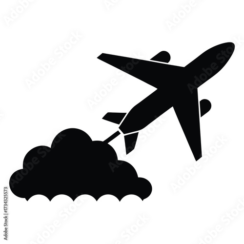 Black silhouette of an airplane flying out of a cloud flight travel