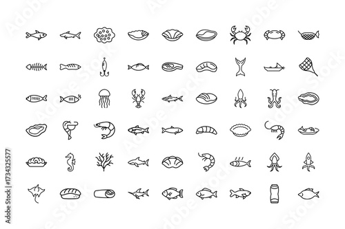 Seafood and Fish Line Art Icon Set | Crab, Lobster, Shrimp, Tuna, Oyster, Squid, Mussels, Food, Marine Life Vector

