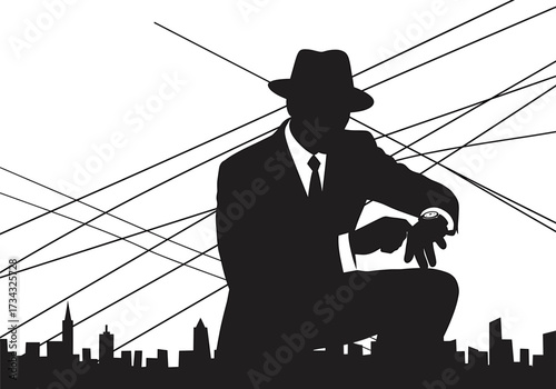 Silhouette of a man in a fedora checking his watch in a city, man, silhouette, fedora, hat, suit, tie, checking, watch, wrist, crouching, city, skyline, buildings, abstract, lines, crisscross, network