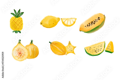 Watercolor illustration of various yellow fruits on a white background.