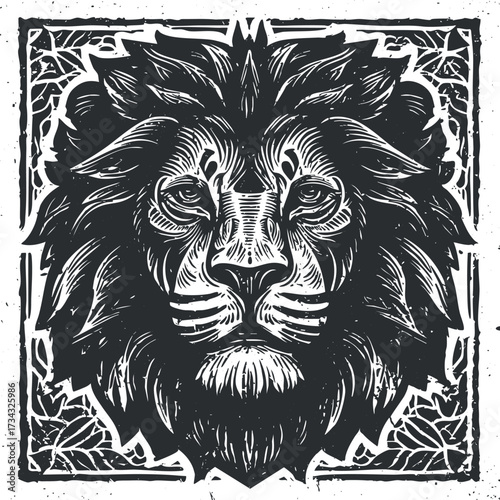 A detailed black and white illustration of a lion's head showcasing strength and ferocity..
