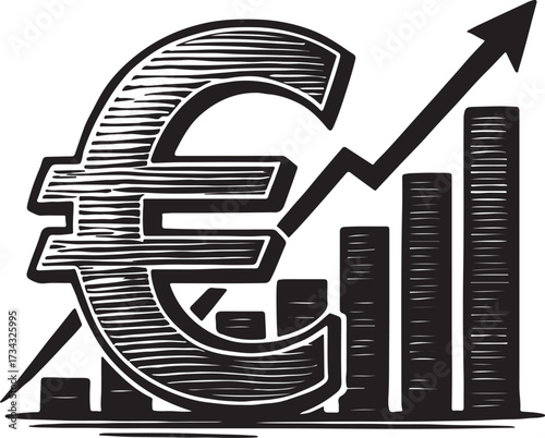 Euro currency symbol with a rising bar graph and upward trending arrow illustrating financial growth and economic prosperity