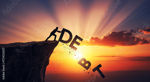 Conceptual image of business person fighting to eliminate financial debt and achieve success and independence.