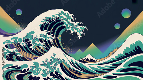 Dynamic japanese ukiyo e style wave art with stylized mountains and abstract celestial orbs in a dark moody sky evoking a sense of power and nature s grandeur