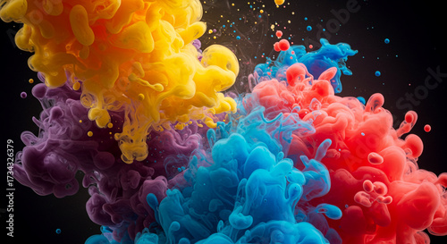 Dynamic explosion of vibrant red, yellow, and blue pigments creating a swirling abstract cloud of colorful smoke on a black background