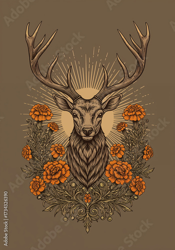 Mystical Deer with Sun Face Symbol and Marigold Flowers Engraving Illustration
