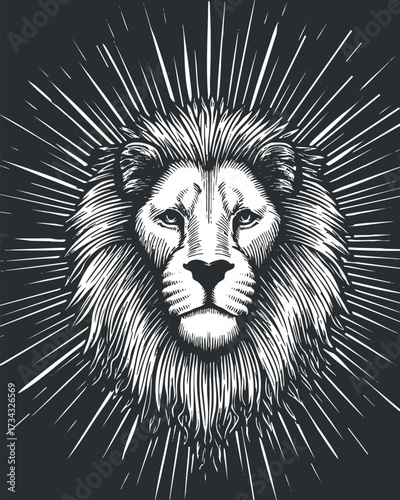 Stylized illustration of a lion's head with radiant lines symbolizing strength and majesty..