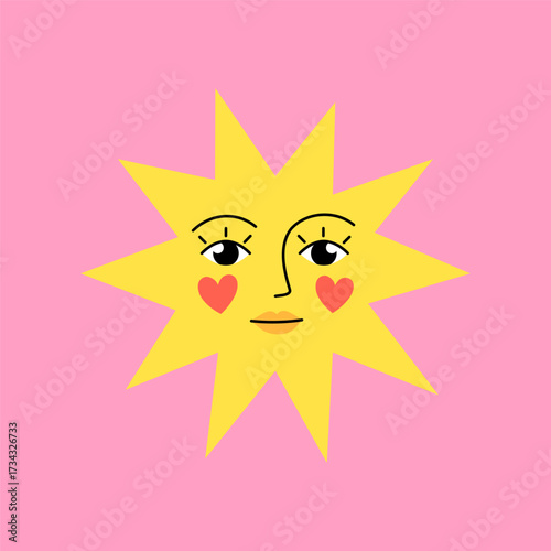 Sun with a woman face and heart cheeks cartoon hand-drawn illustration