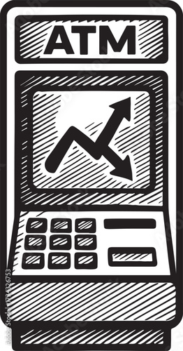 Hand drawn sketch of an atm machine displaying a financial graph with upward and downward trends representing market fluctuations and economic uncertainty
