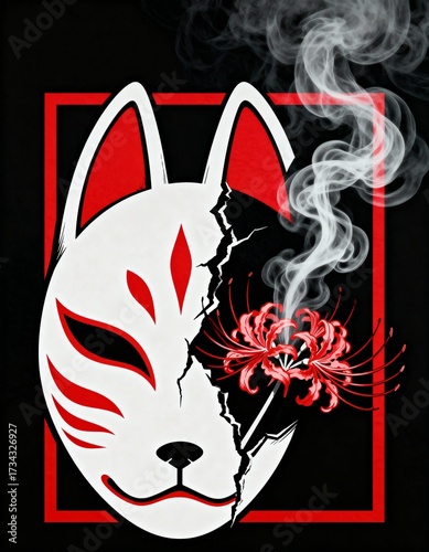 Broken Kitsune Fox Mask with Red Spider Lily and Smoke Illustration
