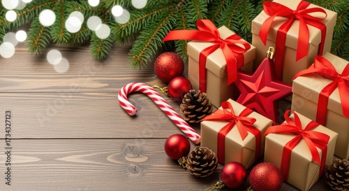 Festive Christmas scene with wrapped gifts, ornaments, and evergreen on wood. Rustic kraft paper and red ribbons add warmth.