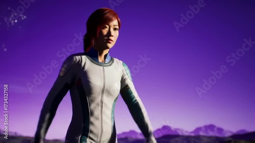A woman in a spacesuit stands against a vibrant purple sky