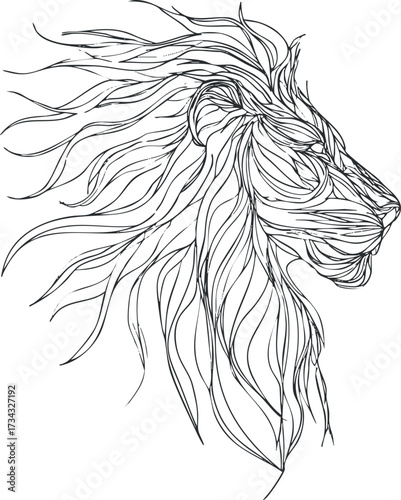 Stylized line drawing of a lion's head showcasing its majestic mane and fierce expression..
