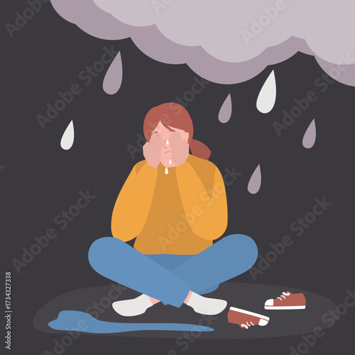 Female character sitting and crying. Depression concept. Young sad and tired woman with a rain cloud above her head. Mental health, psychological problems, abuse.