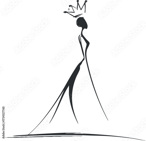 A minimalist illustration of a graceful model wearing a stunning dress and crown..