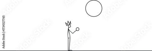 A whimsical stickman king character interacting with a large circle in a minimalist design..