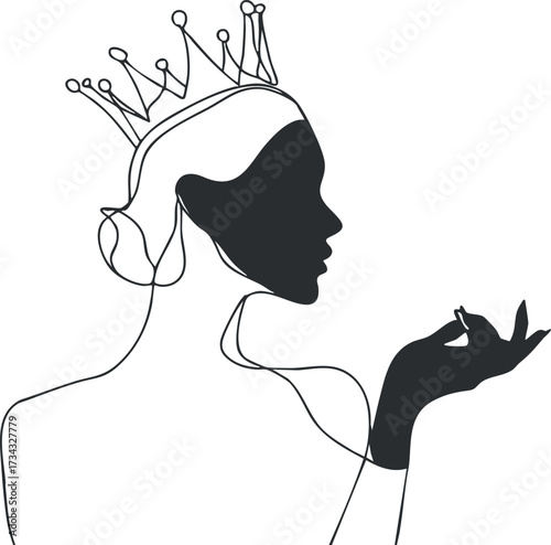 Elegant silhouette of a woman with a crown showcasing beauty and grace in a minimalist design..