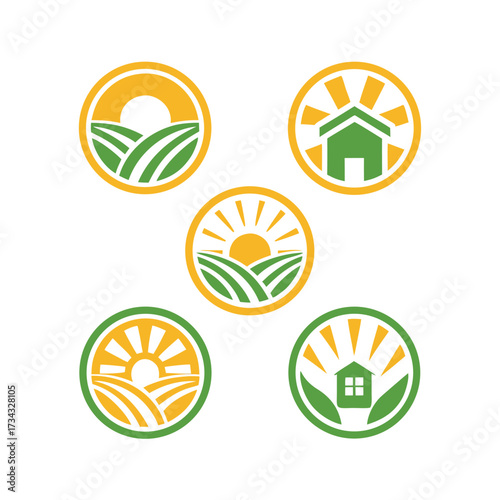 Five circular farm and house logos with sun and fields agriculture