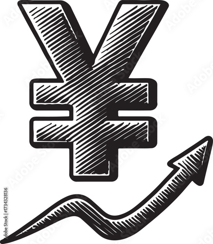 Hand drawn sketch of a japanese yen symbol with an upward trending arrow indicating financial growth and economic progress